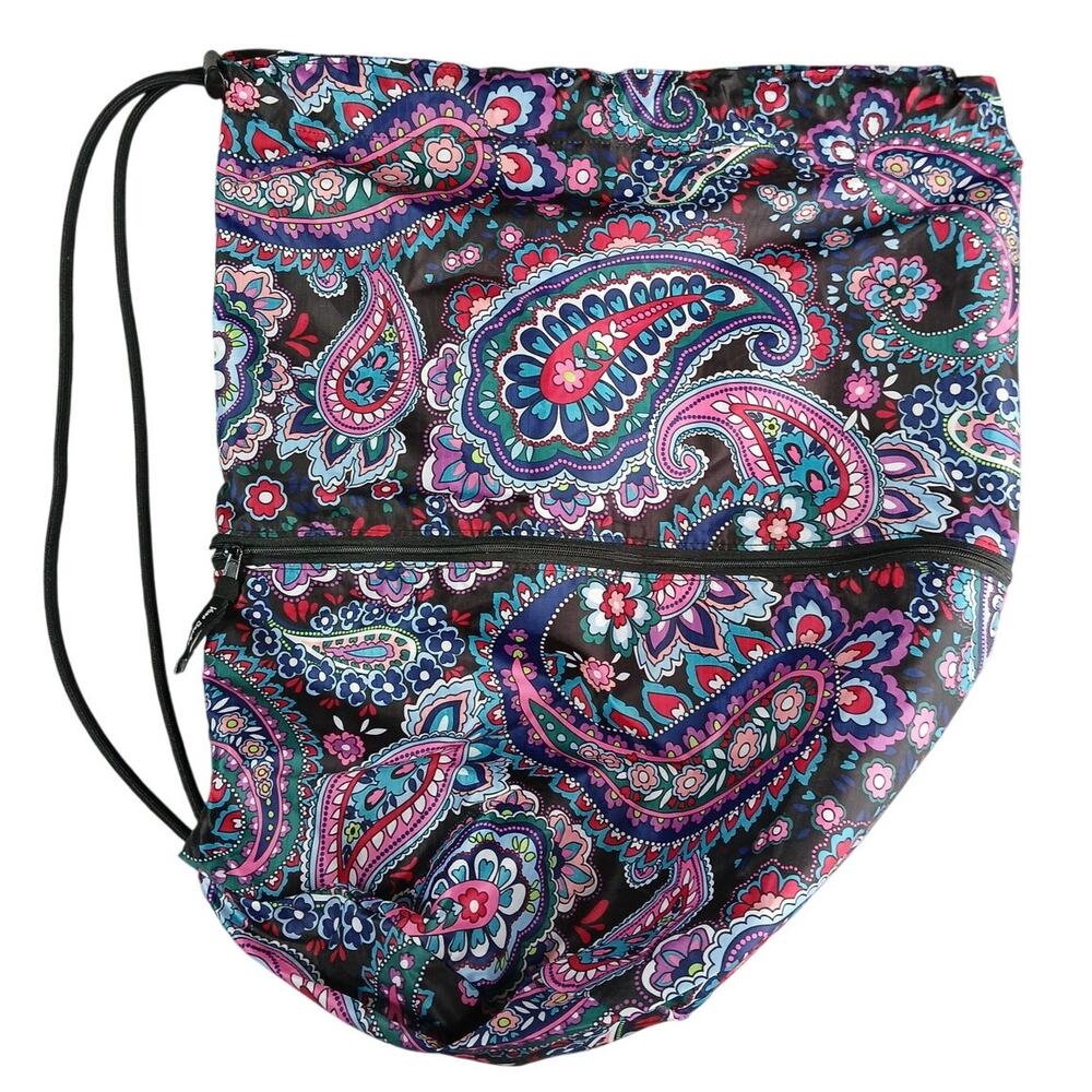 Vera Bradley Nylon Drawstring Cinch Backpack Zipper Mesh Panel Beach Paisley